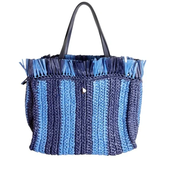 Kate Spade Sam Stripe Straw Medium Satchel Blue - Picture 1 of 16